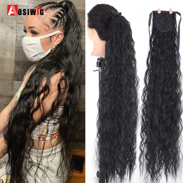Aosiwig Synthetic Ponytail Kiinky Curly Drawstring Black Super Long Fake False Hair Piece Clip In Pony Tail Hairpiece For Women