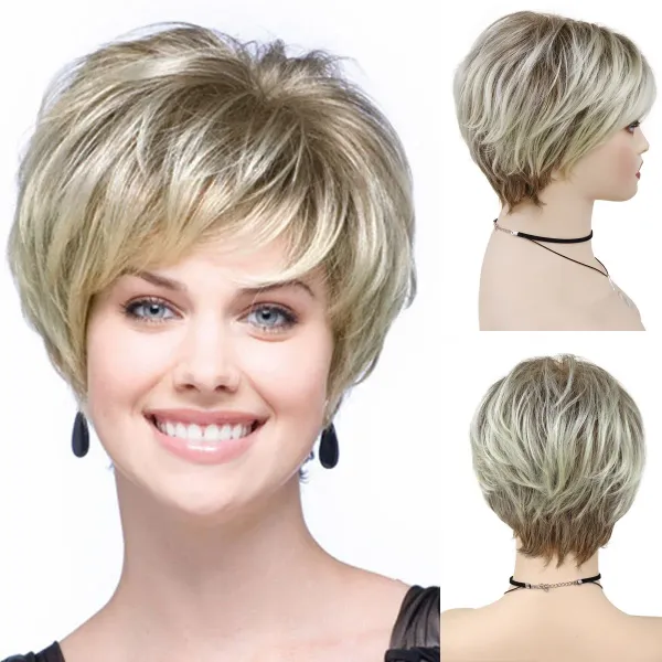 Old Lady Synthetic Hair Blonde Wig with Bangs Natural Short Wig for White Woman High Temperature Blond Ombre Mommy Wig for Daily