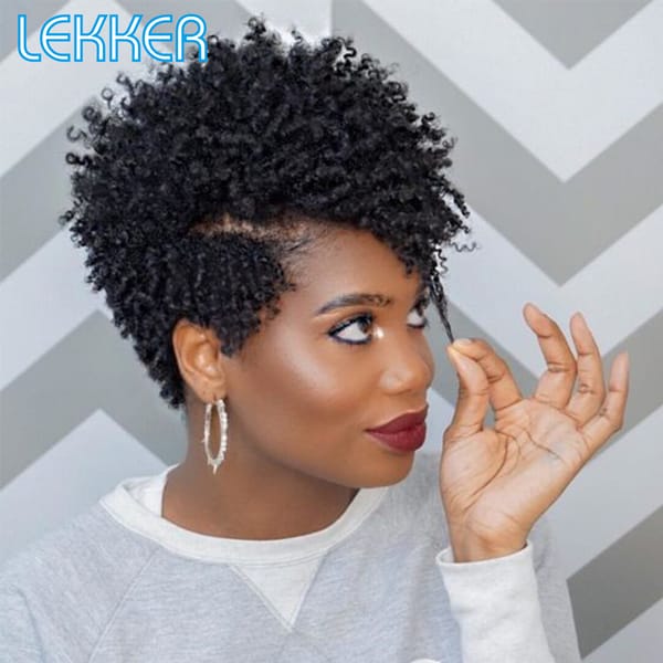 Lekker Ready to Wear Short Pixie Cut Afro Kinky Curly Human Hair Wigs For Women Brazilian Remy Hair Glueless Colored Bob Wigs