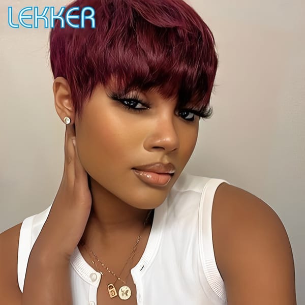 Lekker Colored Short Pixie Cut Straight Bob Human Hair Wigs With Bangs For Women Brazilian Remy Hair Burgundy Red Ready Go Wigs