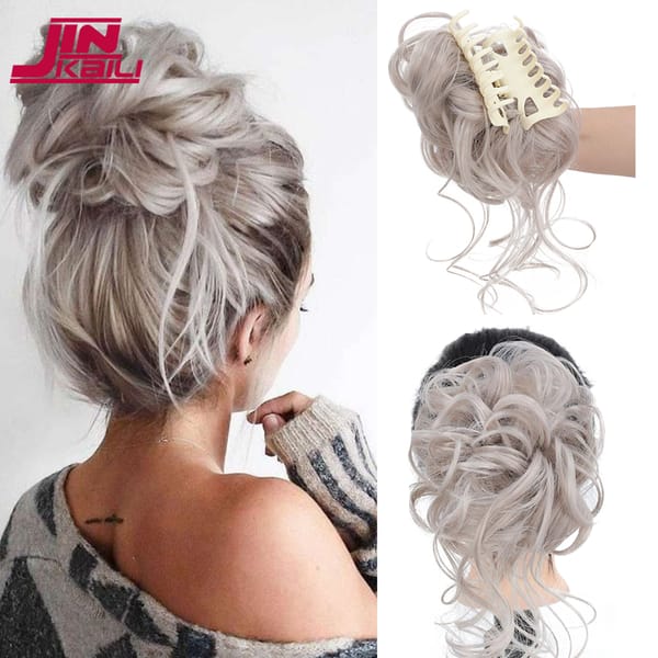 JINKAILI Synthetic Hair Bun Messy Scrunchies Hairpiece Accessories Claw Clip Chignon Curly Fake Hair Elastic Hair Band for Women