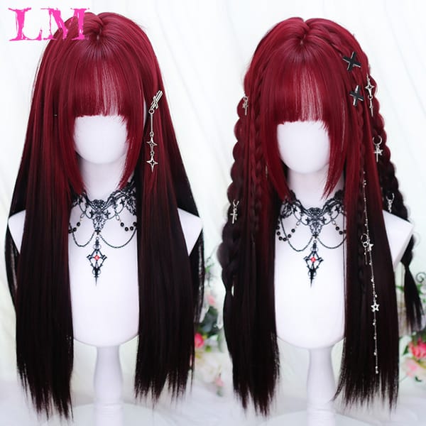 LM Black Wine Red Long Wavy Synthetic Wig High Temperature Natural Wig with Bangs Colorful Party Cosplay Hair for Black Women