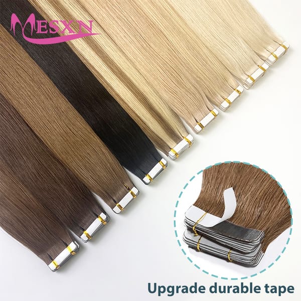 MESXN  Tape in Human Hair Extensions Natural Seamless Invisible SKin Weft 14"-24" Double Sided Adhesive Real Natural Hair
