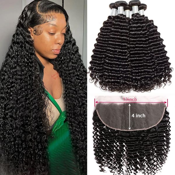 Human Hair Bundles With Transparent HD 13x4 Lace Frontal Deep Wave Brazilian Extensions for Women Weave 3 4 Bundles With Closure