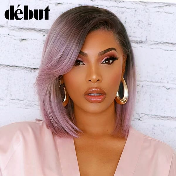 Purple Straight Bob Wig Brazilian Lace Part Human Hair Wigs For Women HD Highlight Wig Glueless Lace Front Wig With Bangs  DEBUT