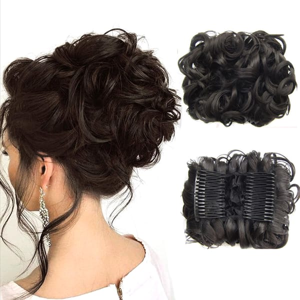 jeedou Synthetic Updos Curly Hair Chignon Clip On Hair Bun Pad Gray Bromn Mix Color Retro Style Women's Wedding Hairpieces