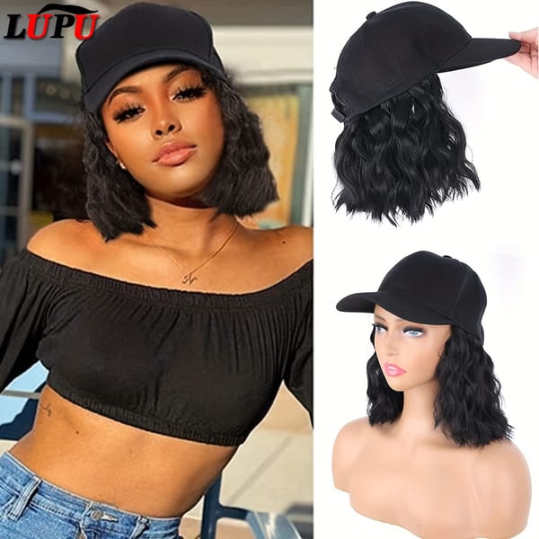 LUPU Long Synthetic Fluffy Curly Wave Hair Wigs With Hat Baseball Cap Naturally Connect Adjustable Hat Wig For Women
