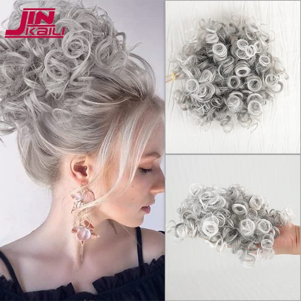 JINKAILI Synthetic Messy Curly Hair Bun Hairpiece Elastic Drawstring Ponytail Extension Hair Bun Gray Black Blonde Fake Hair Bun