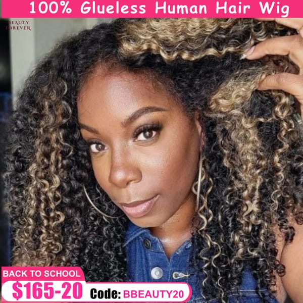 Beautyforever Bye Bye Knots Glueless Human Hair Wig Ready to Wear Highlights Color Curly Lace Front Human Hair Wig Virgin Hair