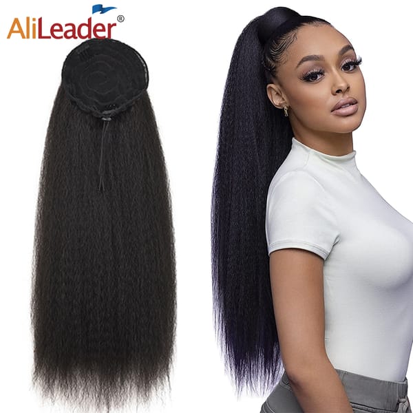 AliLeader Synthetic Long Afro Puff Ponytail Hair Kinky Straight Drawstring Ponytails With Clip Elastic Band