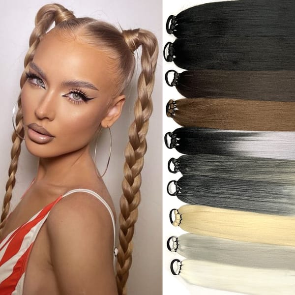 Ponytail Extensions Synthetic Boxing Braids 26 Inch Wrap Around Chignon Tail With Rubber Band Hair Ring Ombre Braid Brown Grey