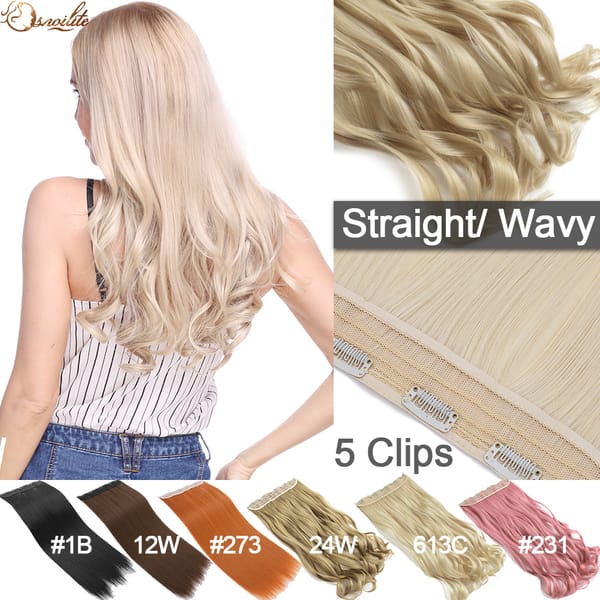 S-nolilite 24-26'' Synthetic Long Straight 5 Clip In One Piece Hair Extensions Fake Hair Wavy Hairpiece For Women Heat Resistant