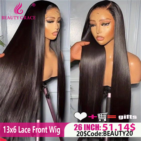 Straight 13x6 HD Lace Frontal Wig Human Hair Lace Front Wig with Baby Hair Pre-Pluck Hair Line 28 30 32 34 Inches Beauty Grace