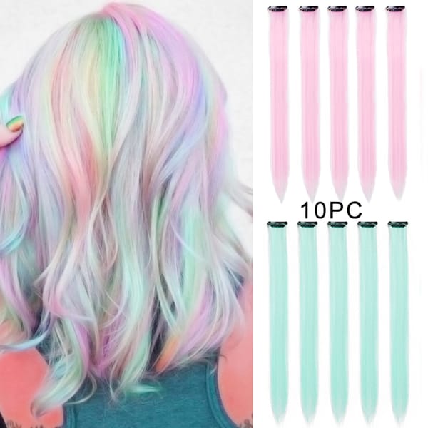 10PCS/Pack Colorful Straight Hair Extensions Clip in Multi-Color Hairpiece Synthetic Long Party Highlights for Women Girls Kids