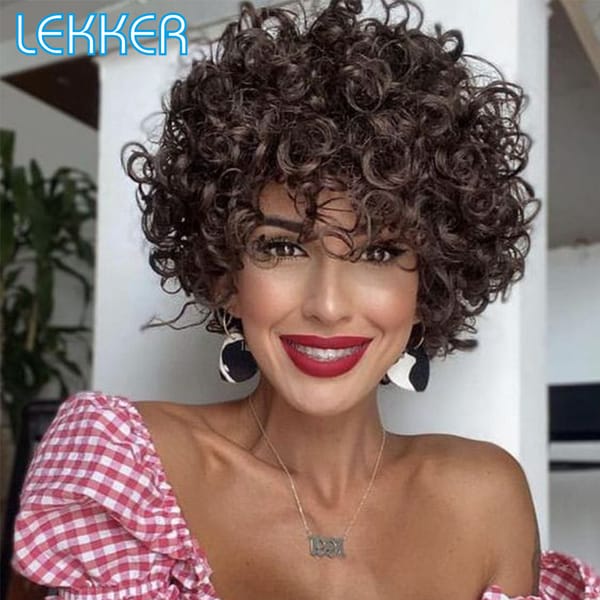 Lekker Short Afro Curly Bob Human Hair Wigs With Bangs For Women Brazilian Remy Hair Wear and Go Natural Brown Kinky Curly Wigs