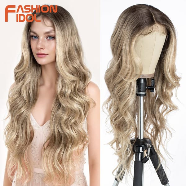 FASHION IDOL Body Wave Lace Front Wigs Synthetic With Baby Hair Wigs For Women 28 Inch Ombre Blonde Higlight Lace Wigs Cosplay
