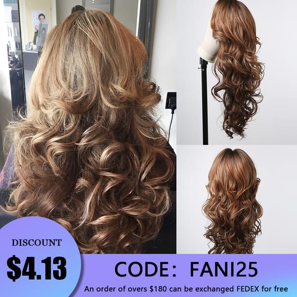 HAIRCUBE Long Wavy Synthetic Curly Wigs for Women Dark Brown Blonde Middle Parted Highlight Wigs Heat Resistant Use Cosplay Hair