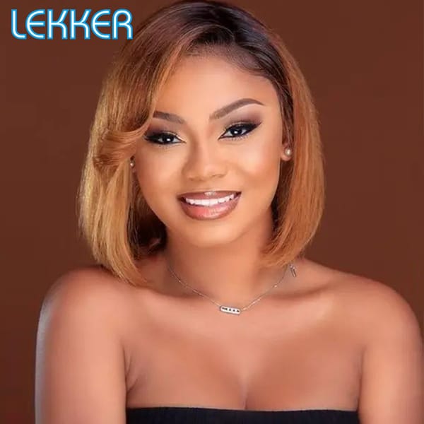 Lekker Ombre Blonde Brown Short Straight Bob 13x6x1 Lace Front Human Hair Wig For Women Brazilian Remy Hair Wear to go 12'' Wigs