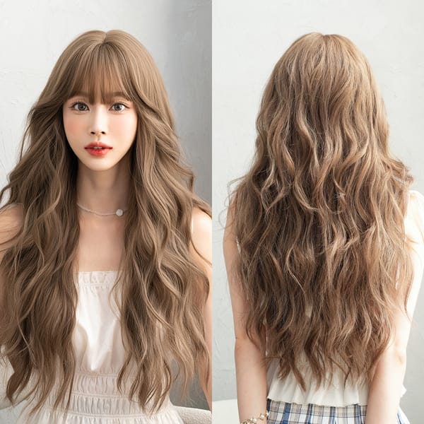 7JHH WIGS Fashion Body Wavy Honey Blonde Wig for Women Four Seasons High Density Layered Synthetic Brown Hair Wigs with Bangs