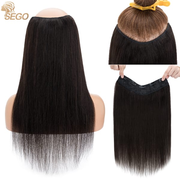SEGO 12"-22" V-Shaped Clip in Hair Extensions Real Human Hair Invisible Seamless Clip in Straight One Piece Hairpieces for Women