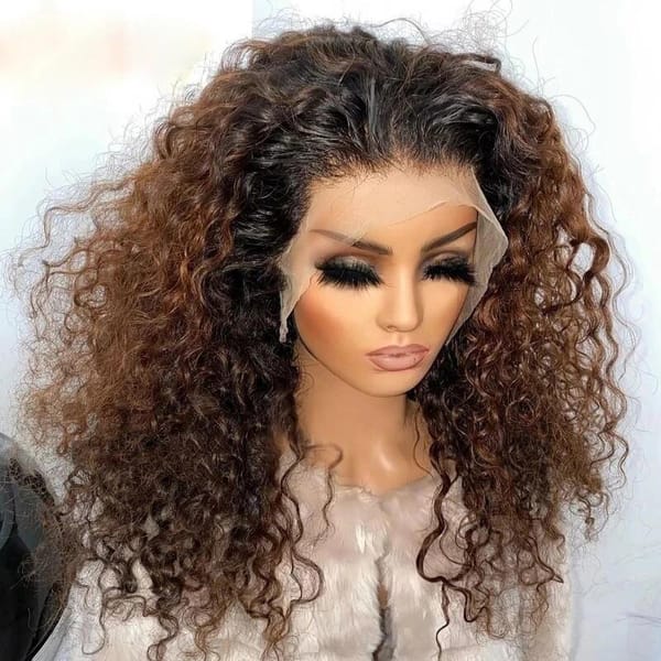 Soft Long 26lnch Glueless 180Density Ombre Brown Kinky Curly Lace Front Wig For Women With Baby Hair  Preplucked Daily Synthetic