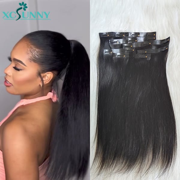 PU Clip In Human Hair Extensions Burmese Weft Clip Ins Straight Hair Extensions For Black Women 3 Set For A Full Head