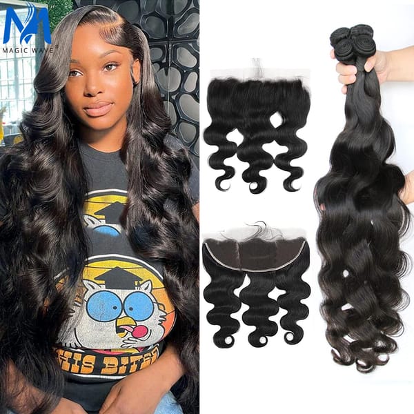 32 38 40 Inches Body Wave Human Hair Bundles with 13x4 Transparent Lace Frontal Brazilian Remy Hair for Black Women 3 4 Bundles