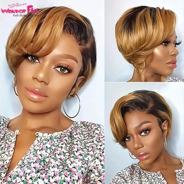 Women's Short Bob Pixie Cut Wig Deep Side T Part Lace  Human Hair Wig 8 Inches 180% Density Straight Transparent Lace Front Wigs