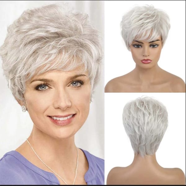 Silver White Wig Short Pixie Synthetic Wigs for White Women Fake Hair Mum Wig with Bangs High Temperature Fibre