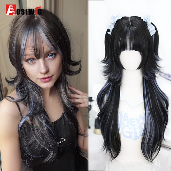 AOSI Synthetic Lolita Long Anime Curly Wigs Hair Black Pick Blue Cosplay Wig Heat-Resisting Fiber Hair Wigs For Women