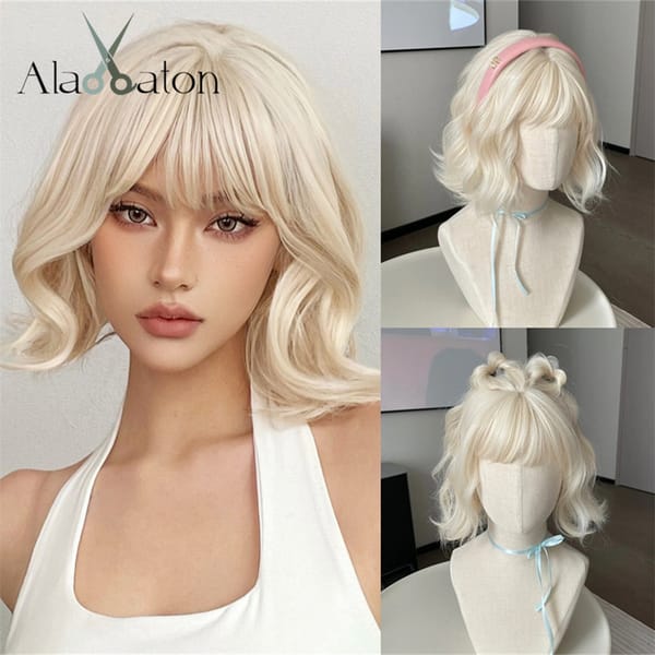 ALAN EATON Platinum Short Wave Bob Hair Wig Light Blonde Synthetic Wigs with Bangs for Women Heat Resistant Cosplay Lolita Hair