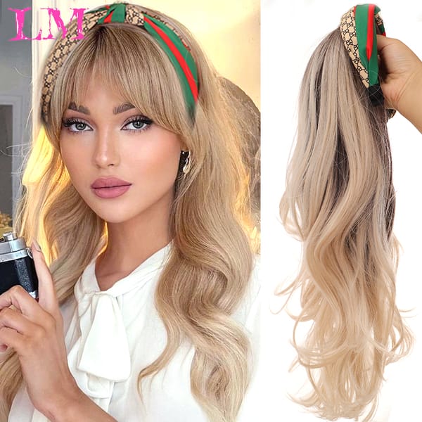 LM Synthetic Long Wavy Headband Wig Female Ombre Brown Black Blonde Cosplay Natural Heat Resistant Half Hair Wig for Women