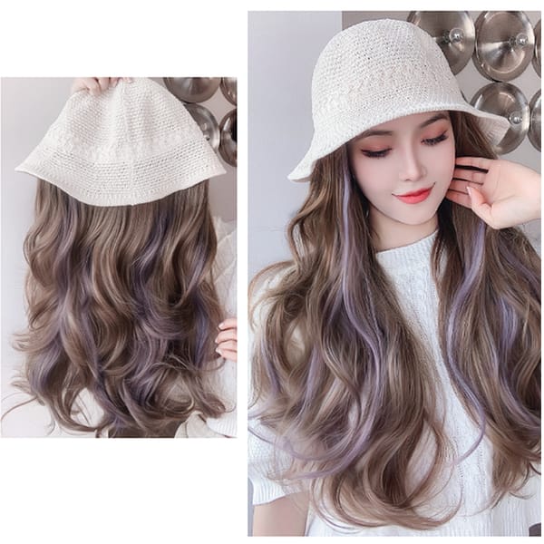 XUANGUANG Synthetic Hollow Visor Wig Brown Ombre Long Roll Hat with hair Extension Travel Fashion Wigs Women's Natural Wigs